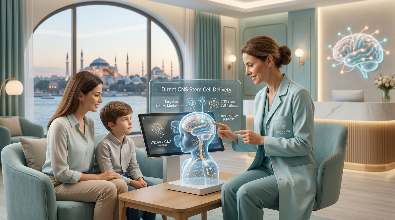 Premium medical visual representing direct CNS stem cell delivery for autism support