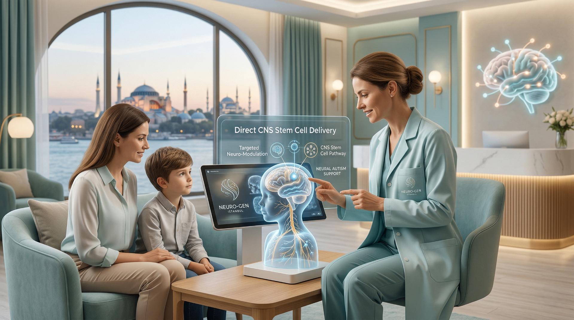 Premium medical visual representing direct CNS stem cell delivery for autism support