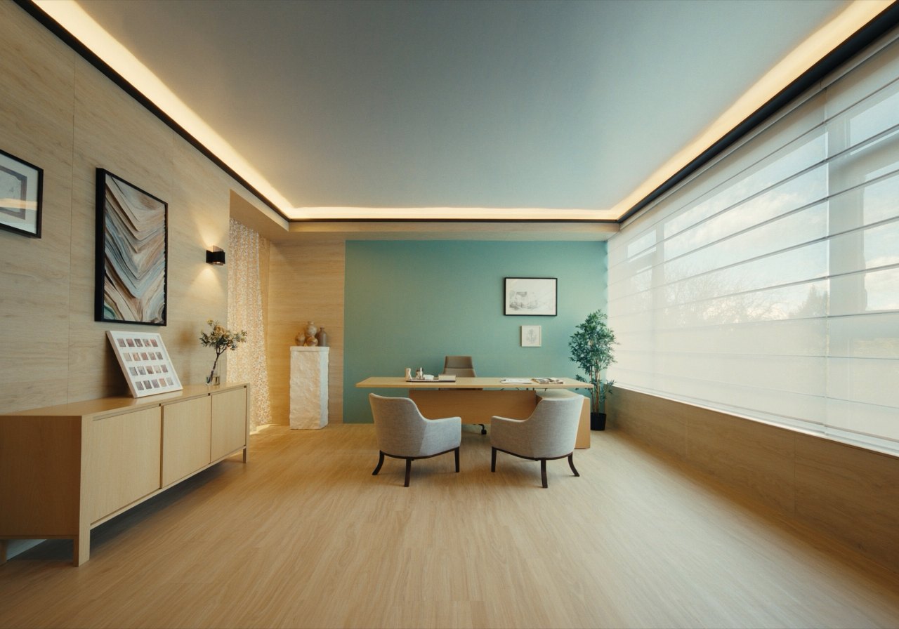 Rustige consultatieruimte van de Autism Stem Care-kliniek in Istanbul met licht eiken meubilair, een zachte turquoise accentmuur en diffuus daglicht — een stille, gezinsvriendelijke sfeer.