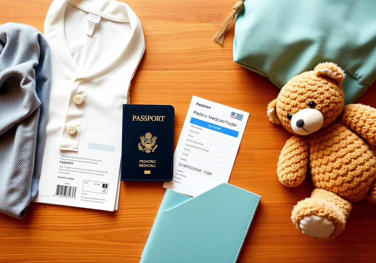 Overhead flat-lay of passport, pediatric medical folder, packed clothes, and teddy bear on warm wood, illustrating preparation before an autism treatment visit to Istanbul.
