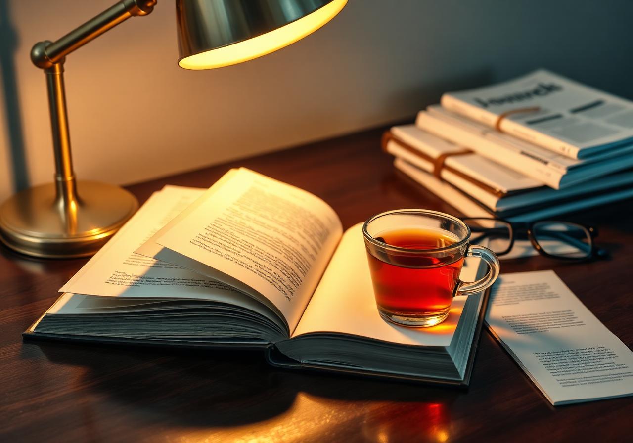 Open hardcover medical book beside warm tea, eyeglasses, and journal articles under a gold lamp, illustrating the educational autism stem cell therapy blog and resource library.