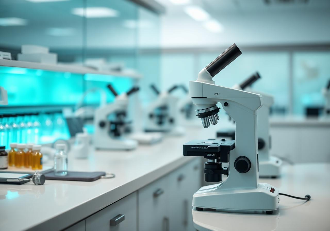 Pristine GMP-grade laboratory with microscopes, vials, and soft teal equipment glow, illustrating the clinical standards and quality assurance at Autism Stem Care.