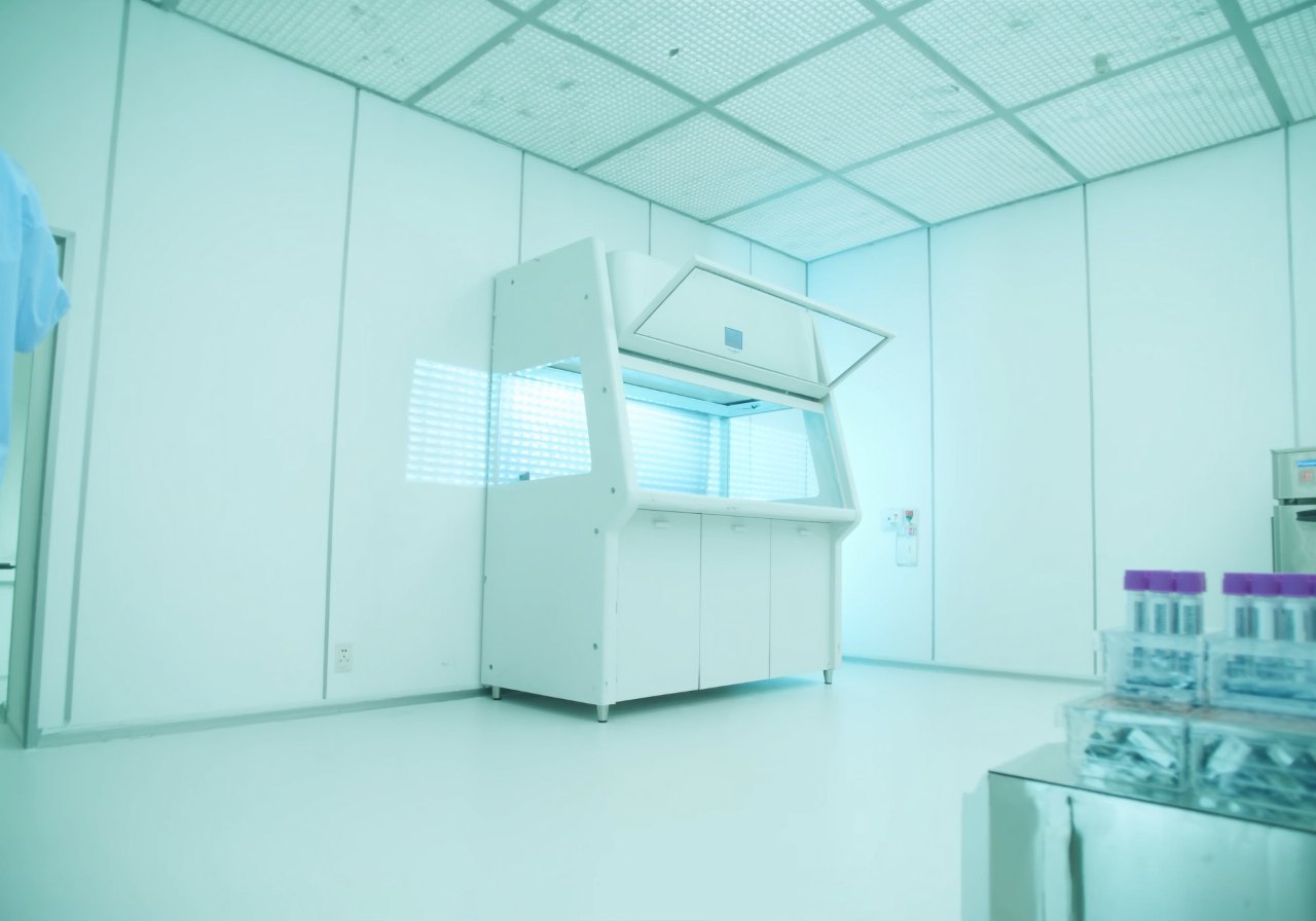 Salle blanche GMP moderne avec poste de sécurité biologique, plafond HEPA et flacons de culture étiquetés — les normes cliniques et l'assurance qualité derrière les produits cellulaires d'Autism Stem Care.