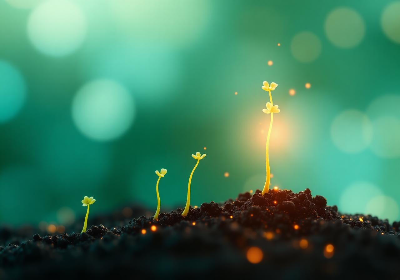 Tender seedlings sprouting from dark soil into glowing teal light, a hopeful symbol of developmental delay and the milestone-by-milestone progress families seek.