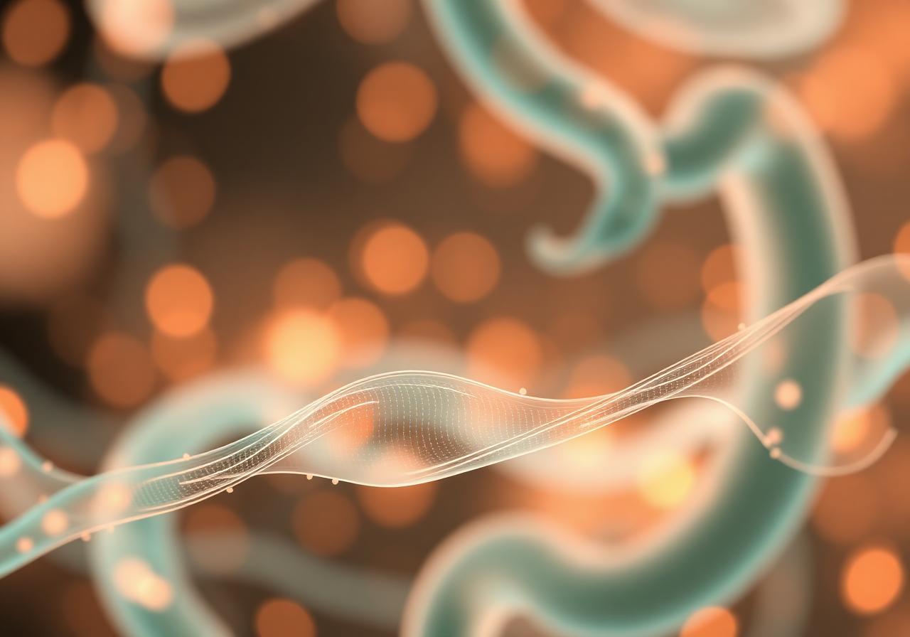 Translucent teal digestive coils with warm amber light particles, illustrating digestive problems and gut-brain axis support for children on the autism spectrum.