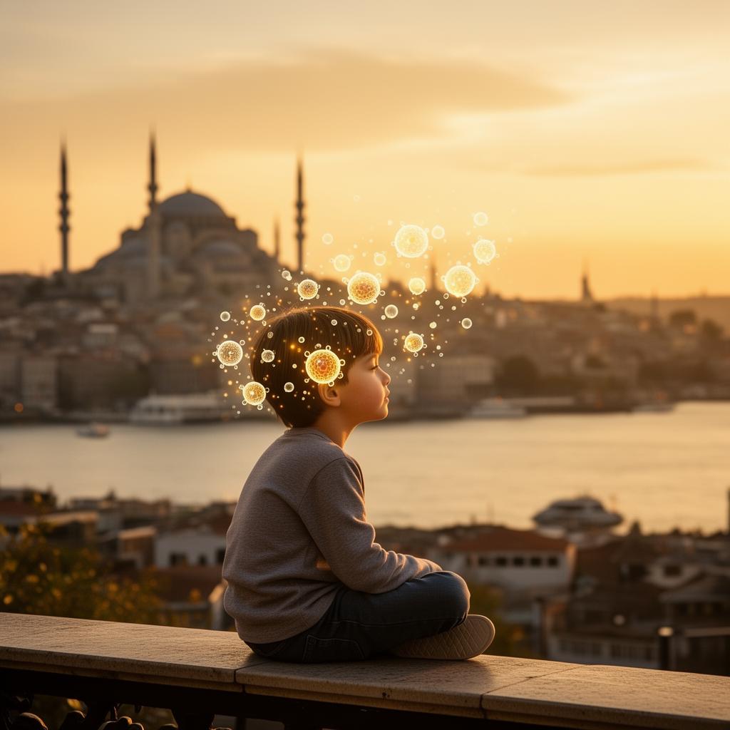 Child overlooking Istanbul at sunset with glowing exosome particles, representing cell-free regenerative therapy for autism