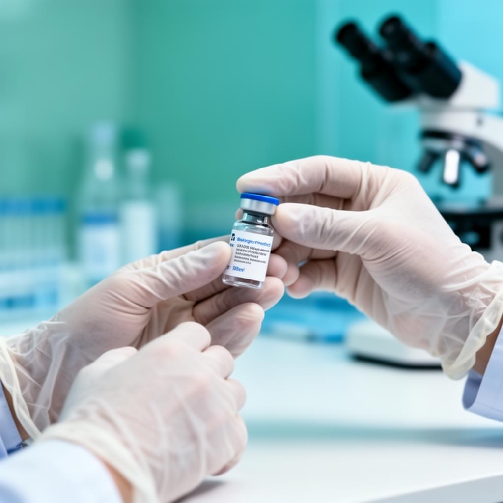 Clinical specialist inspecting exosome therapy vial in GMP-certified laboratory for autism treatment preparation