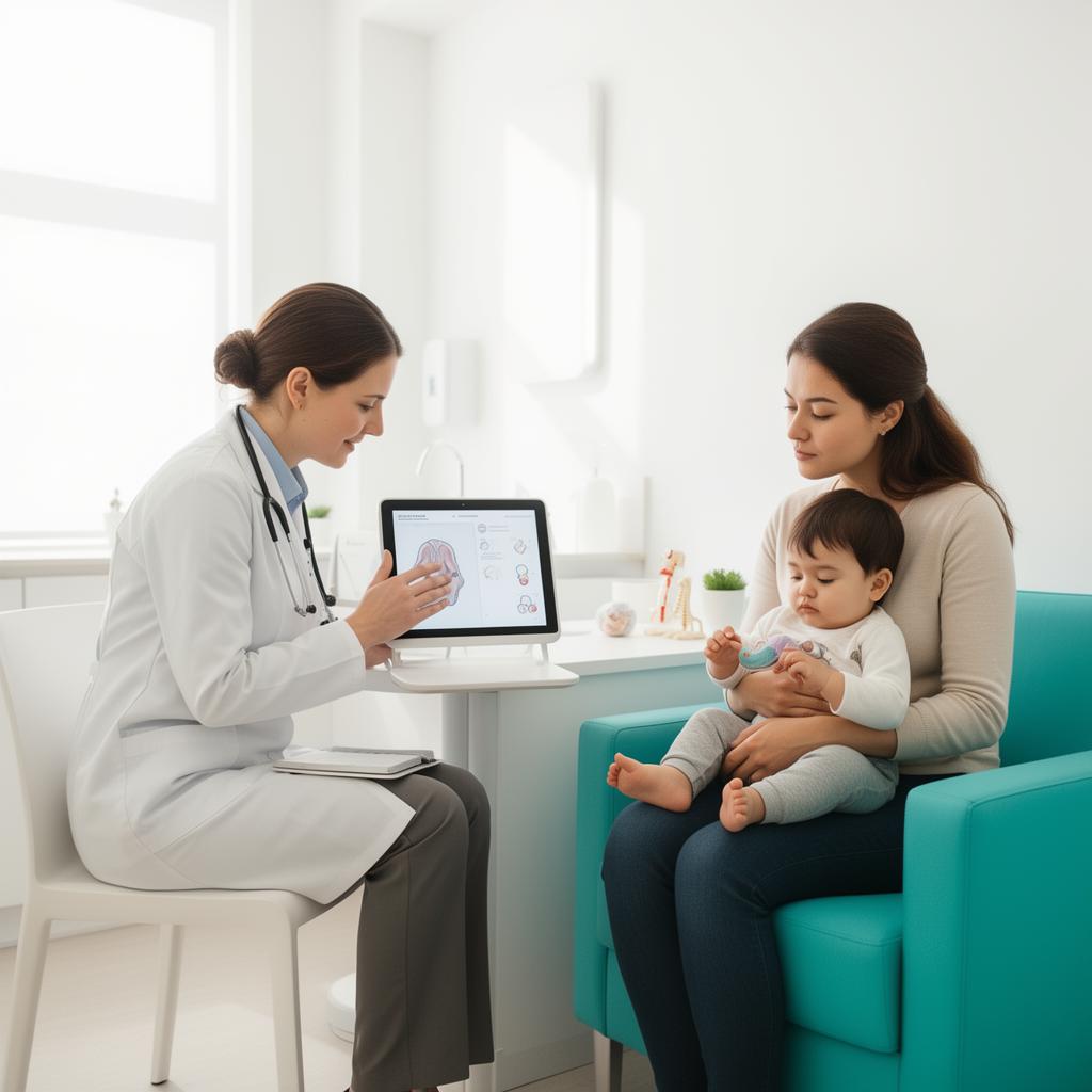 Pediatric specialist explaining exosome therapy treatment plan to mother and child in modern Istanbul autism clinic