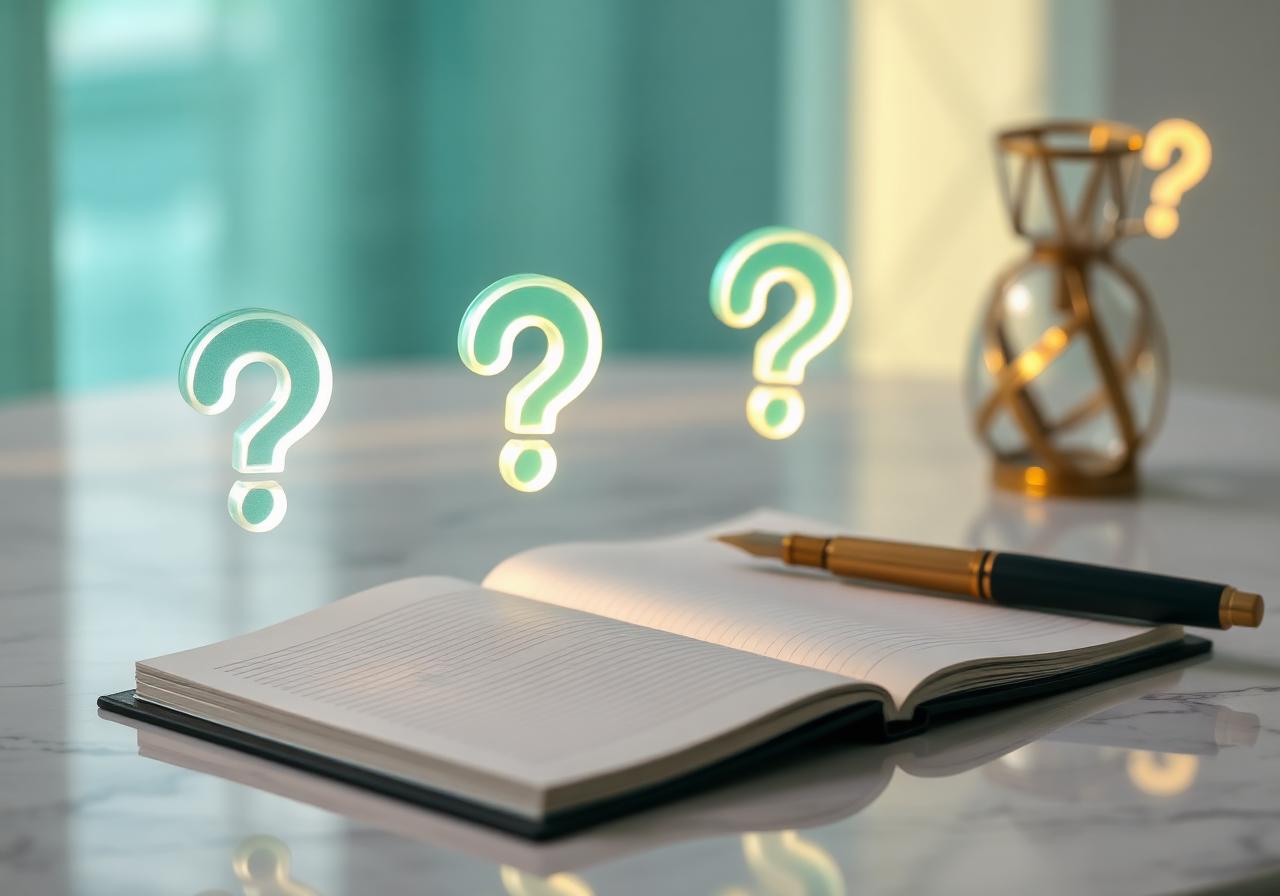 Glowing translucent teal question marks above an open notebook and gold pen on a marble desk, illustrating frequently asked questions about autism stem cell therapy in Istanbul.