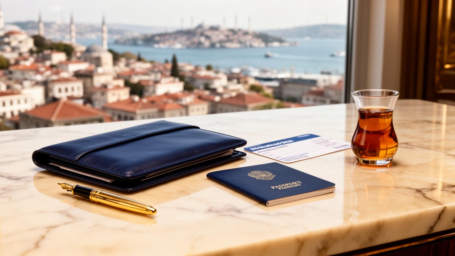 Passport, boarding pass and leather travel folio on a marble desk overlooking Istanbul — premium medical-travel coordination for autism families.