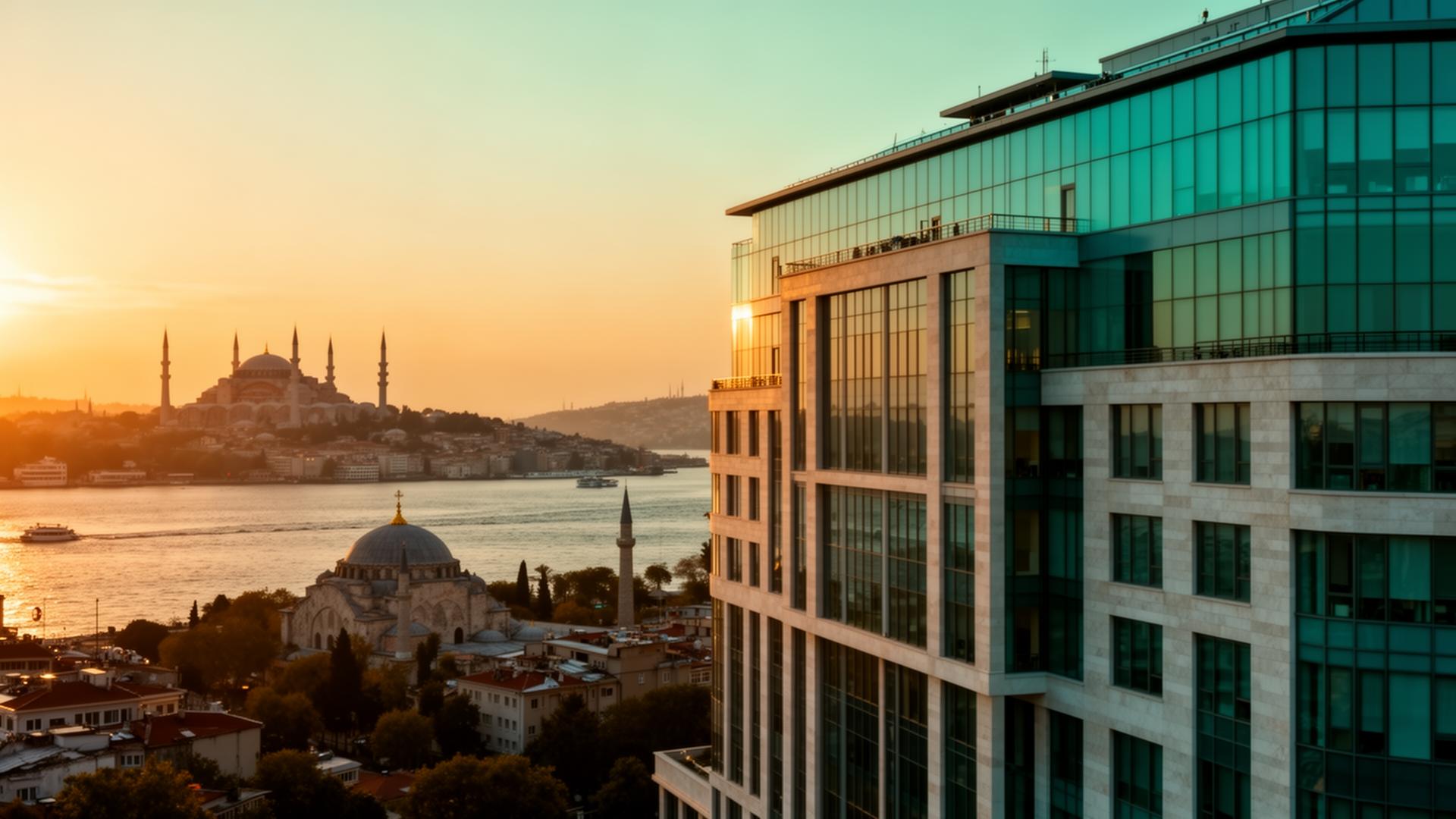 Modern Istanbul medical district at golden hour with the Bosphorus and historic mosque silhouettes — Autism Stem Care destination for stem cell therapy.