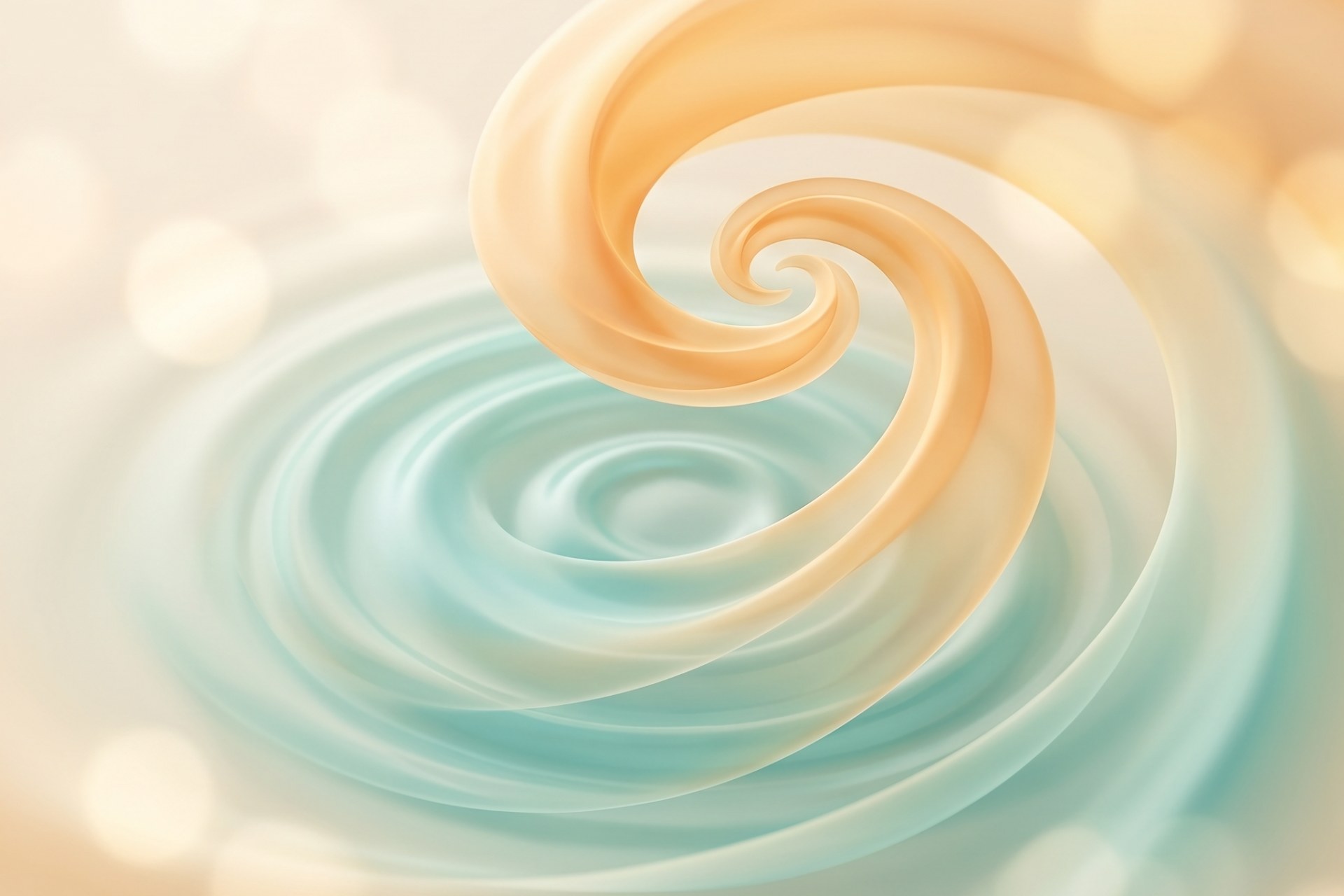 A warm amber spiral of light coiling inward and dissolving into calm teal ripples, an abstract visualization of gut-brain axis balance being restored in children with autism.