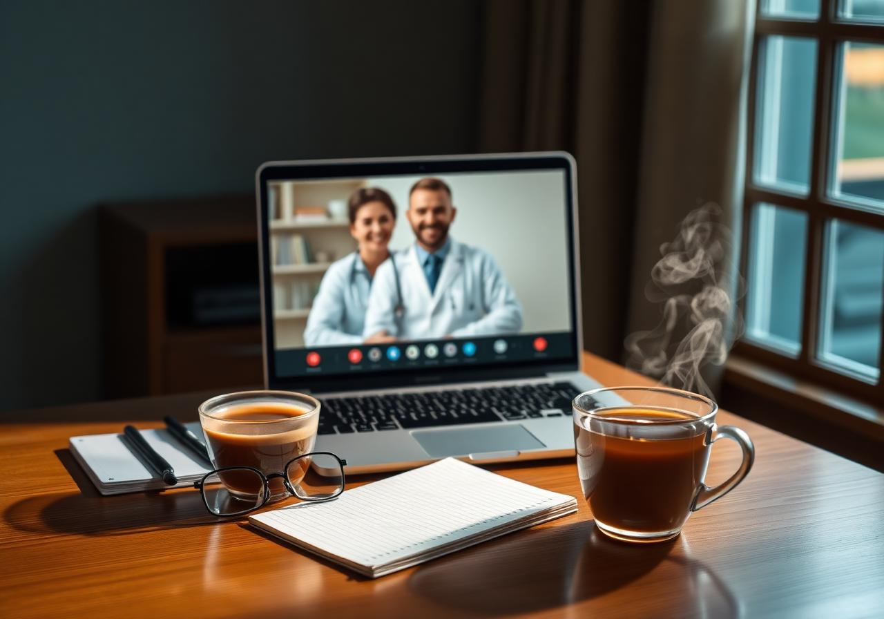 Laptop video call with two physicians on screen beside notepad and warm tea on wood desk, illustrating how online consultations work for autism treatment planning.