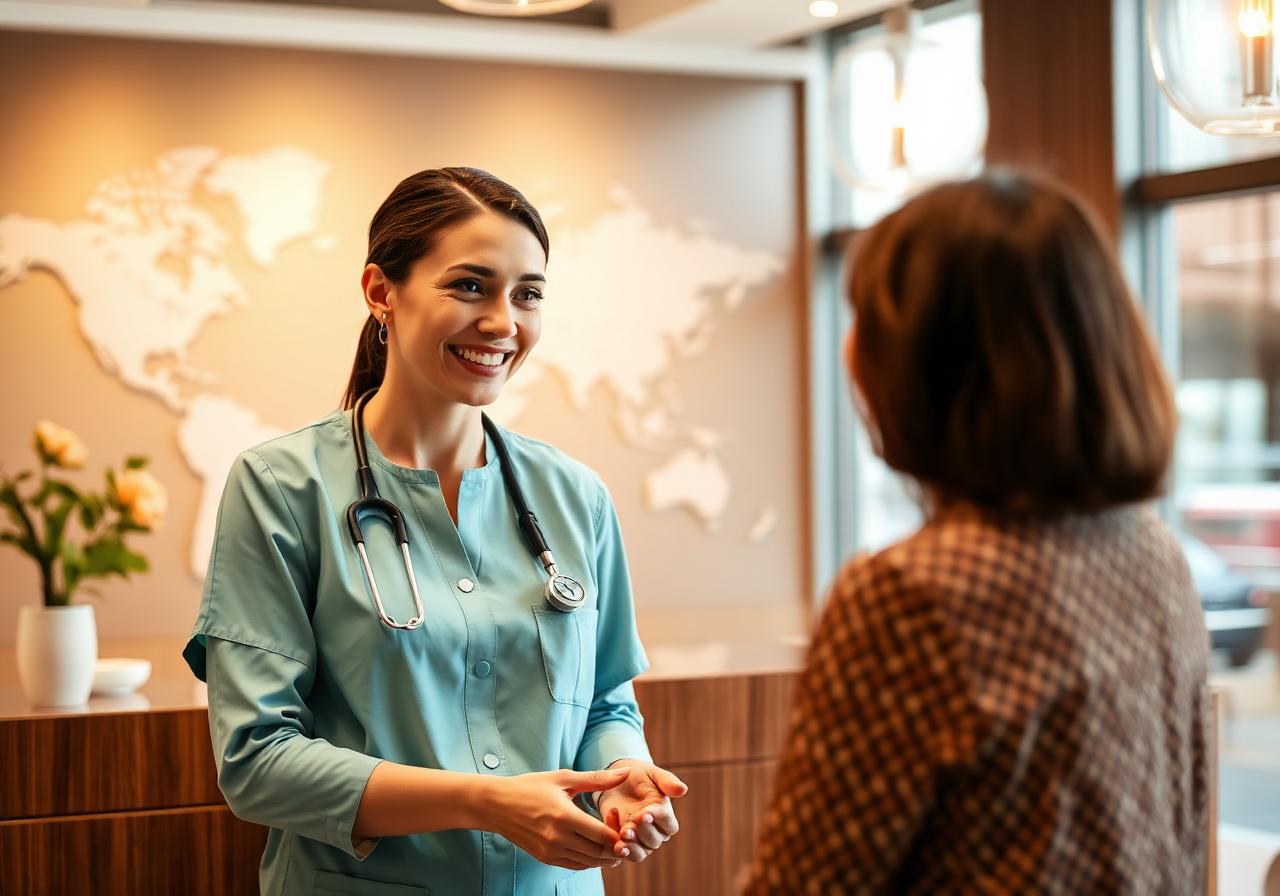 Friendly multilingual medical coordinator in teal scrubs greeting a parent at a modern Istanbul clinic reception, representing international patient services for autism families.