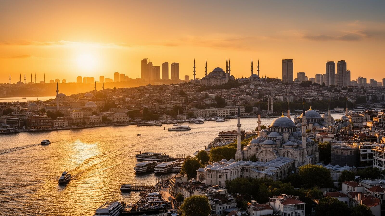 Istanbul skyline at sunset showing the Bosphorus and historic mosques