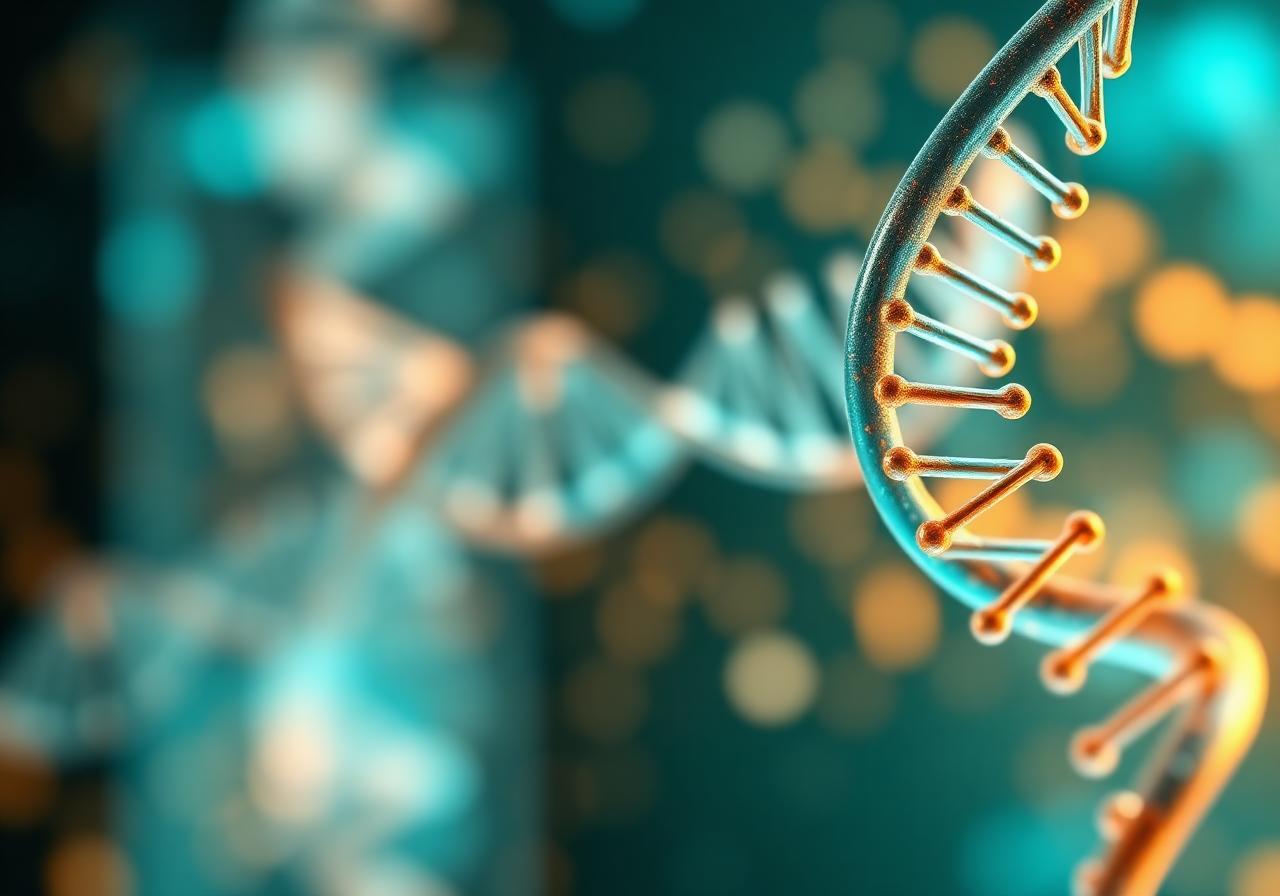 Abstract DNA double helix in soft teal and warm amber light, illustrating the science-informed medical approach behind regenerative autism therapy at our Istanbul clinic.