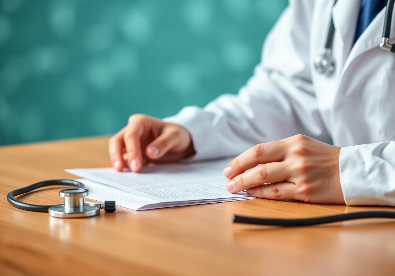 Close-up of physician hands in white coat reviewing medical records with stethoscope on warm wood desk, representing the experienced medical team at Autism Stem Care.