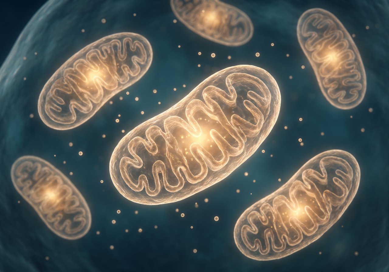 Meerdere mitochondriën met gevouwen binnenmembranen en een warme energiegloed, zwevend in doorschijnend cytoplasma, met kleine antioxidantdeeltjes ernaast.