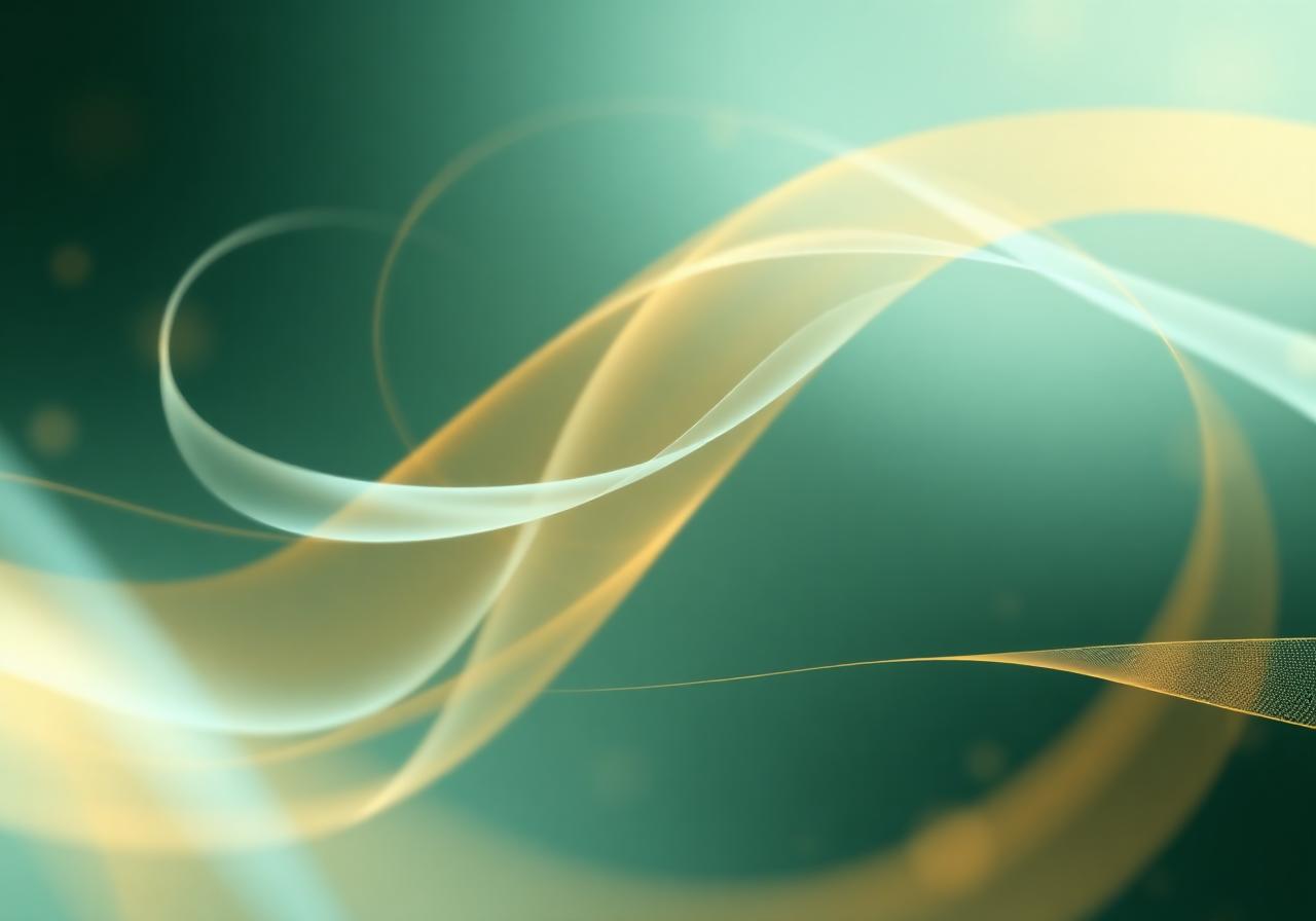 Graceful flowing ribbons of teal and gold tracing balanced movement paths, an abstract symbol of motor coordination and proprioceptive challenges in children with autism.