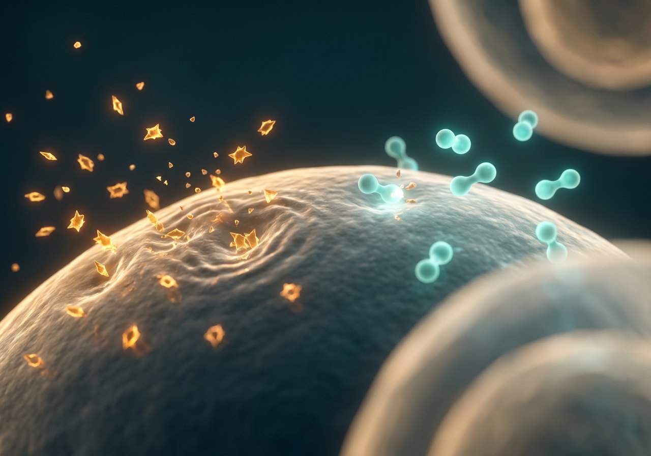 Jagged amber free-radical particles striking a cell membrane on one side while smooth teal antioxidant molecules neutralise them on the other — oxidative stress and its regulation.