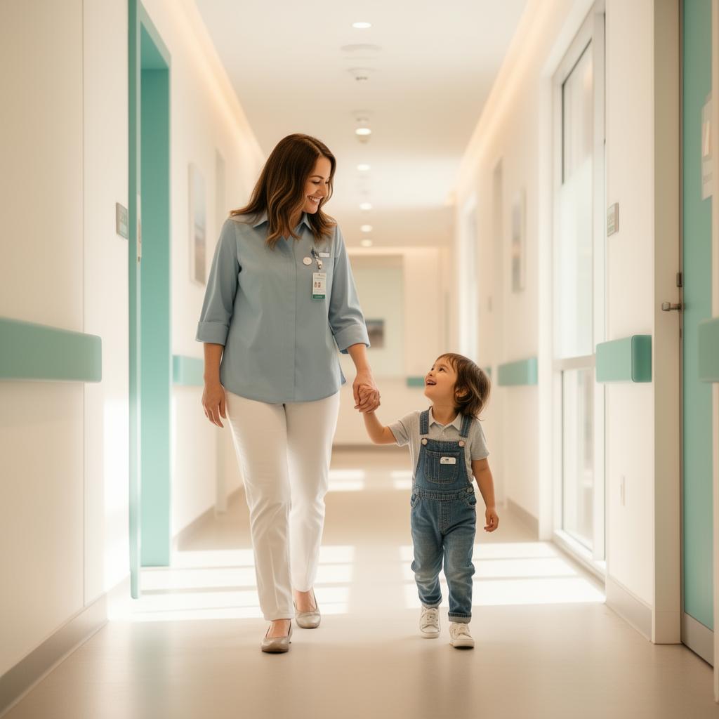 Mother and child walking through a bright modern clinic corridor