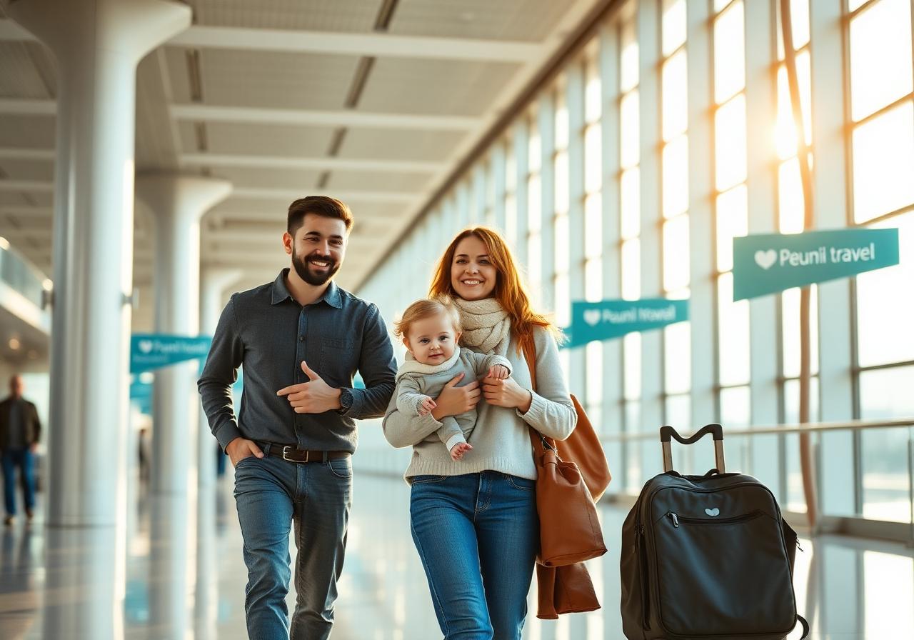 International family with a young child walking through a sunlit Istanbul airport terminal, illustrating the start of the autism treatment patient journey abroad.