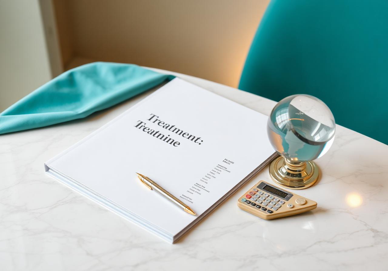Treatment plan folder with gold pen, calculator, and crystal globe on marble desk with teal cloth, illustrating transparent pricing for international autism regenerative therapy.