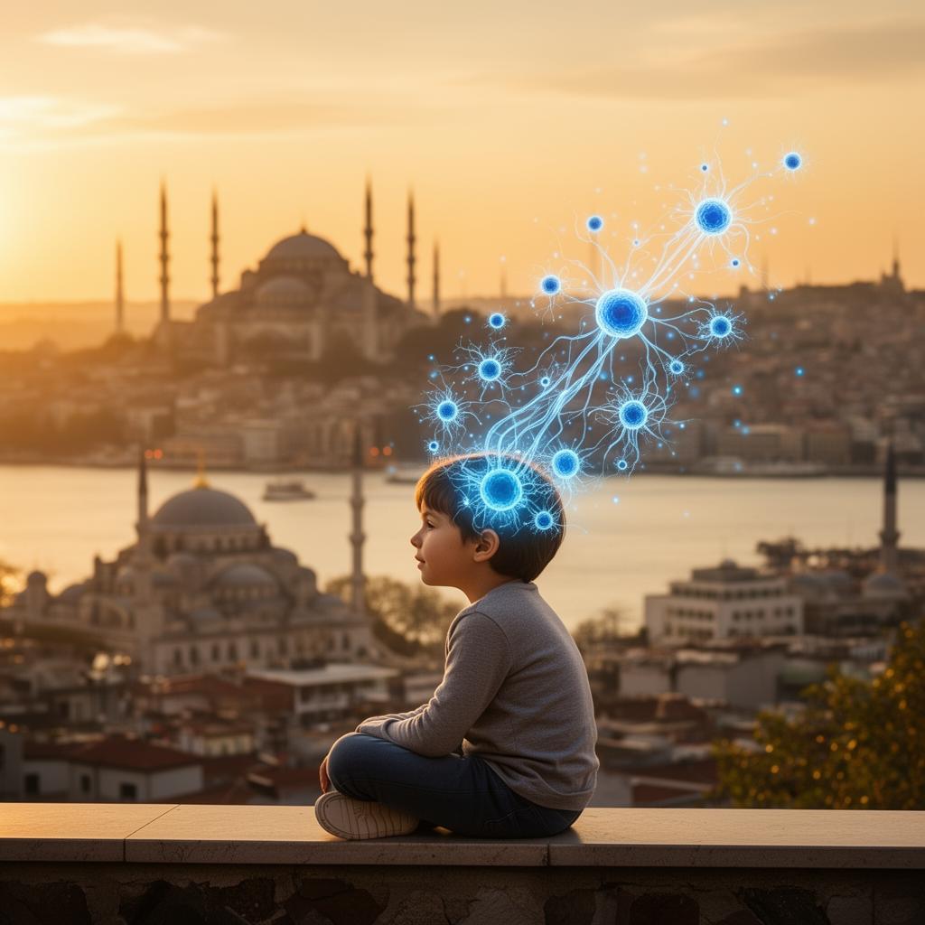 Illustration of a child with a glowing brain overlooking Istanbul, representing stem cell therapy for autism
