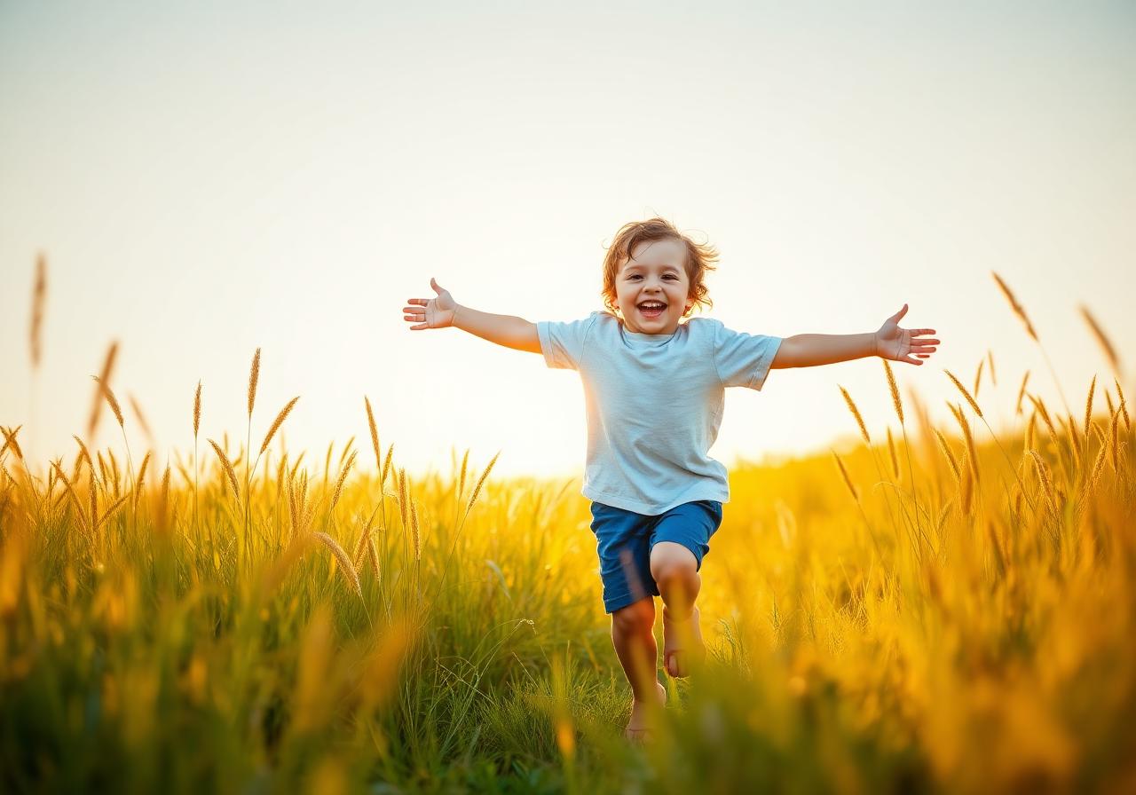 Happy young child running through golden sunlit grass with arms outstretched at sunrise, illustrating uplifting success stories of developmental progress after autism treatment.