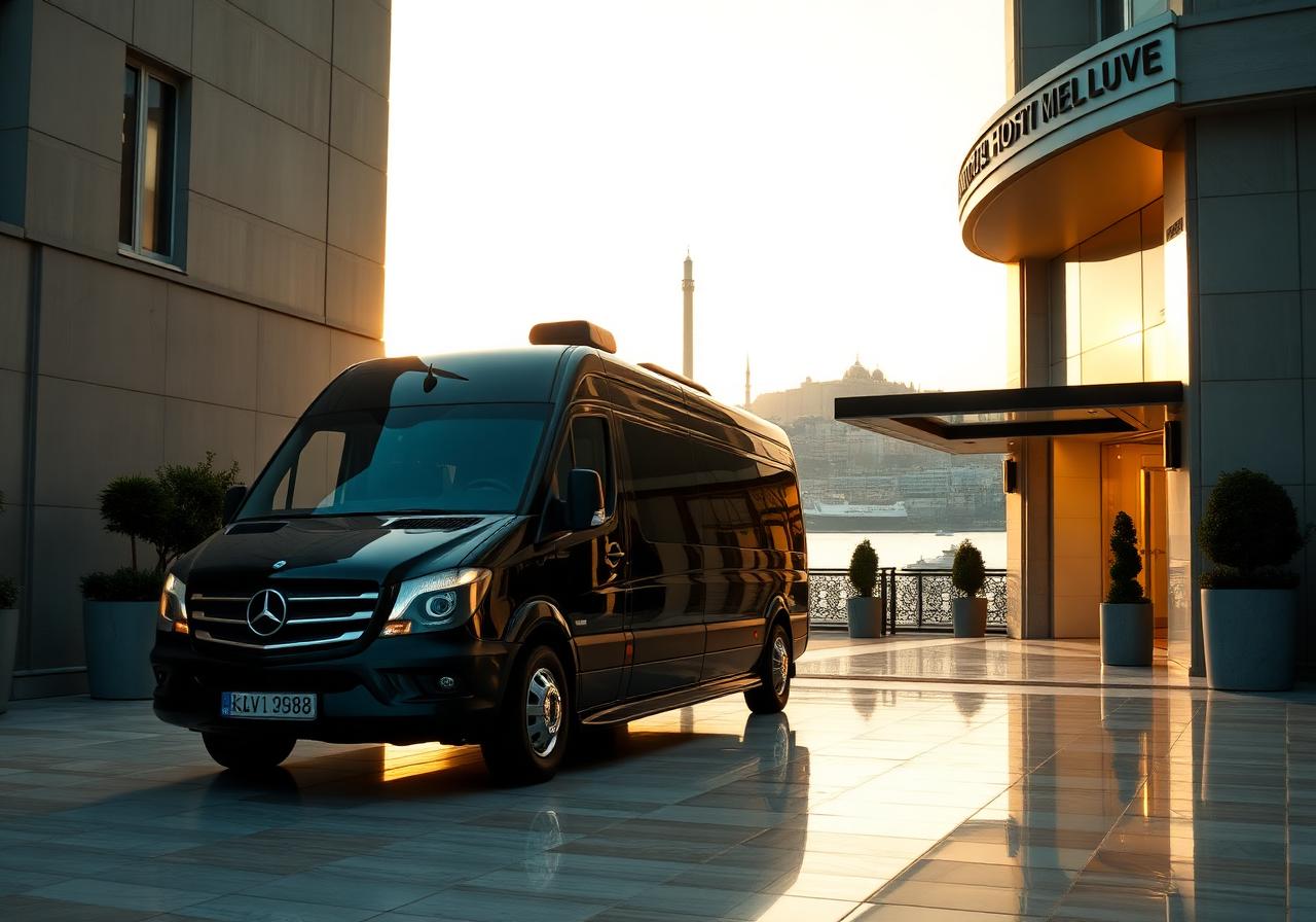 Luxury VIP transport van at a premium Istanbul hotel entrance with golden Bosphorus skyline, illustrating travel logistics for international autism treatment families.