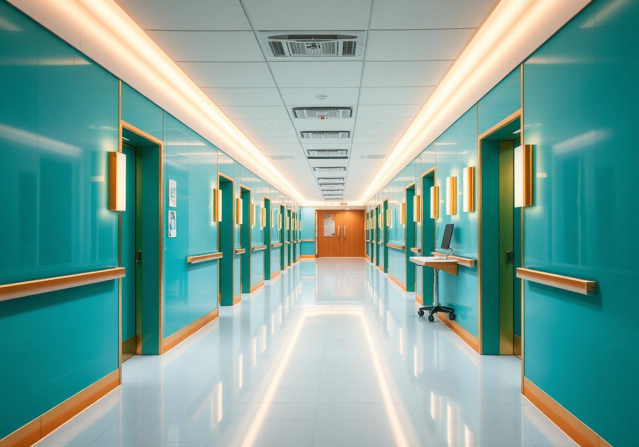 Modern medical clinic corridor with polished teal walls and warm gold light fixtures, representing why families choose Autism Stem Care in Istanbul for their child's care.