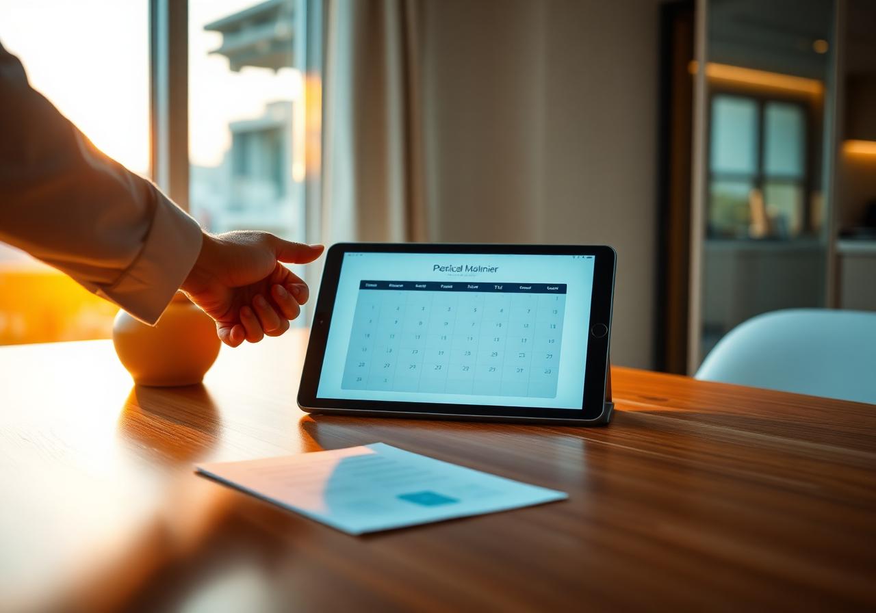 Physician and parent reviewing a tablet calendar at a sunlit Istanbul clinic desk, illustrating preparation for autism stem cell therapy.
