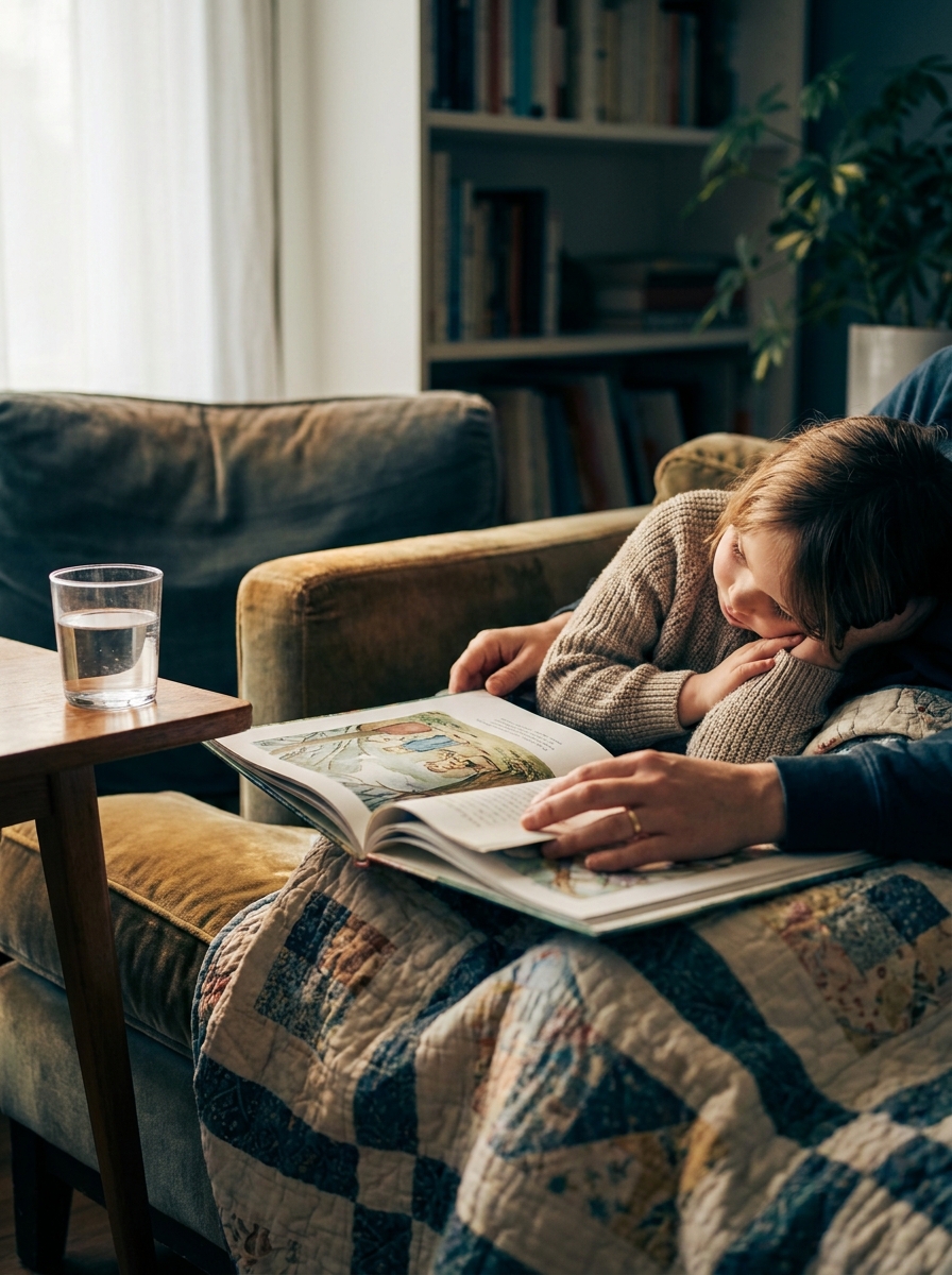 Un niño descansa en casa bajo una manta suave mientras mira un libro ilustrado con su padre o su madre