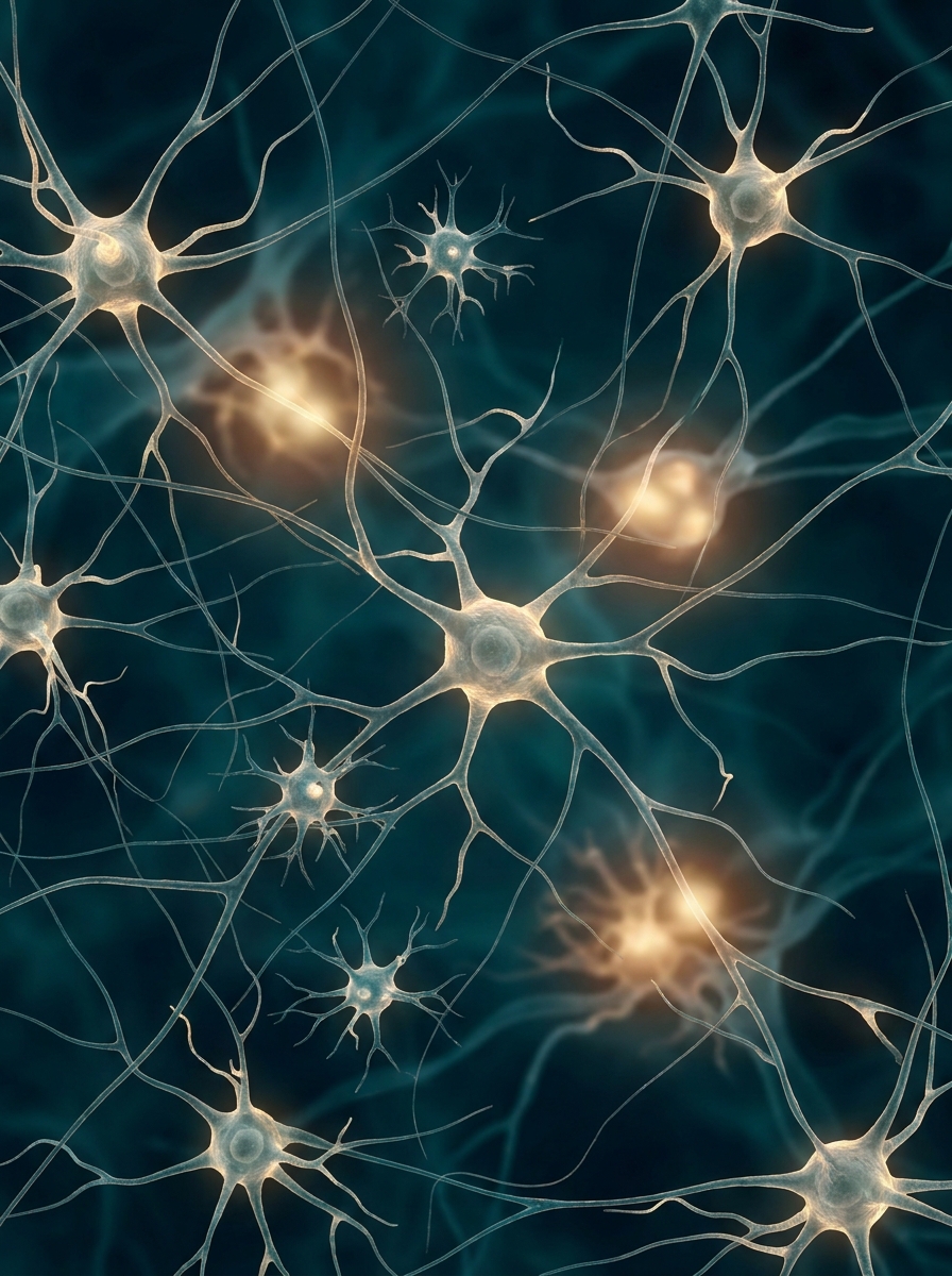 Una red de neuronas y células gliales con algunas zonas de tono suavemente cálido