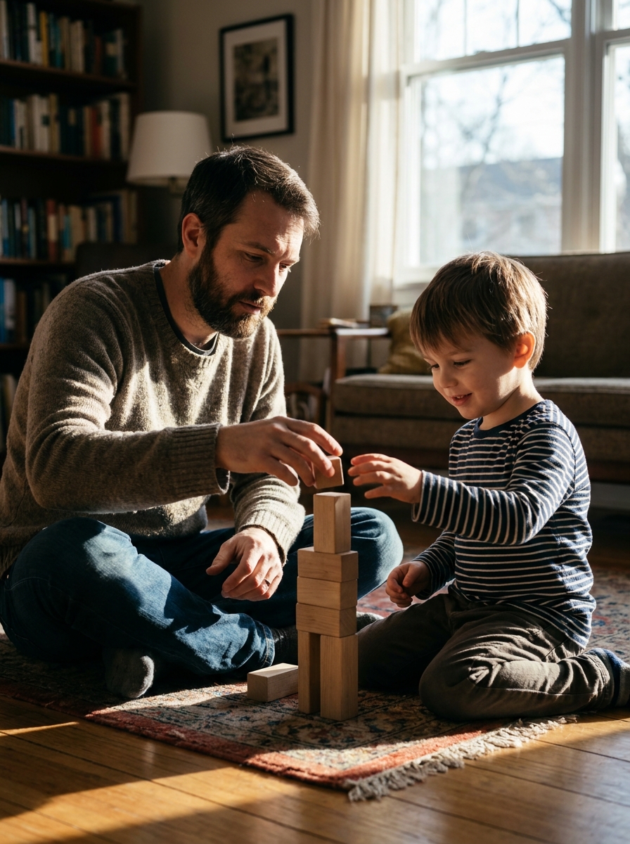 Un padre y su hijo construyen juntos con bloques de madera en una tarde tranquila