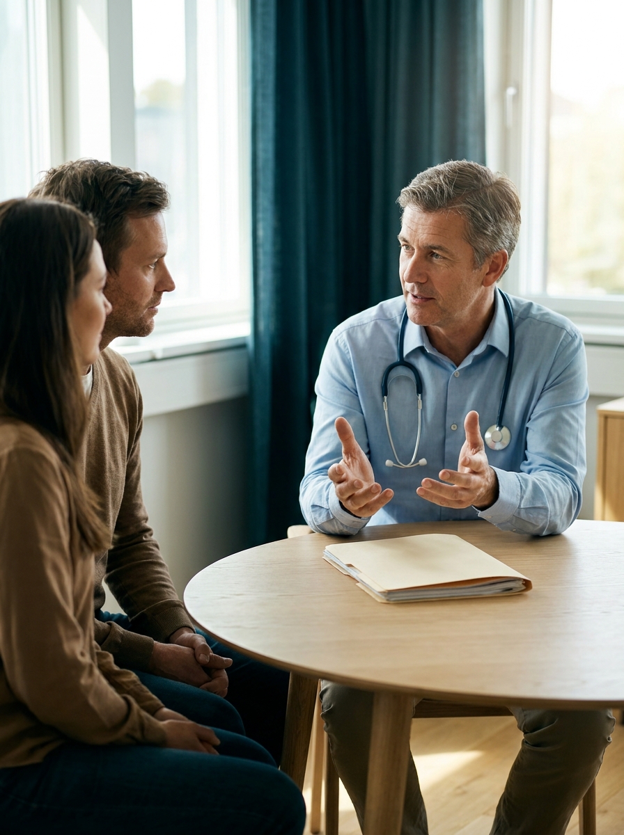 Unos padres hacen preguntas a un médico en una sala de consulta luminosa