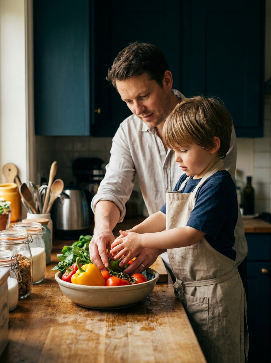 Un padre o una madre prepara con su hijo una comida sencilla y colorida