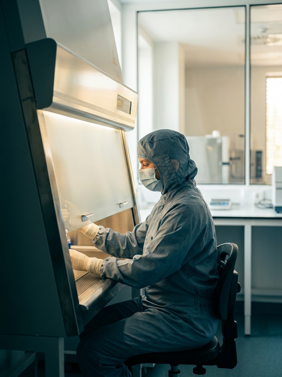 Una científica con bata estéril trabaja en una cabina de bioseguridad en un laboratorio limpio