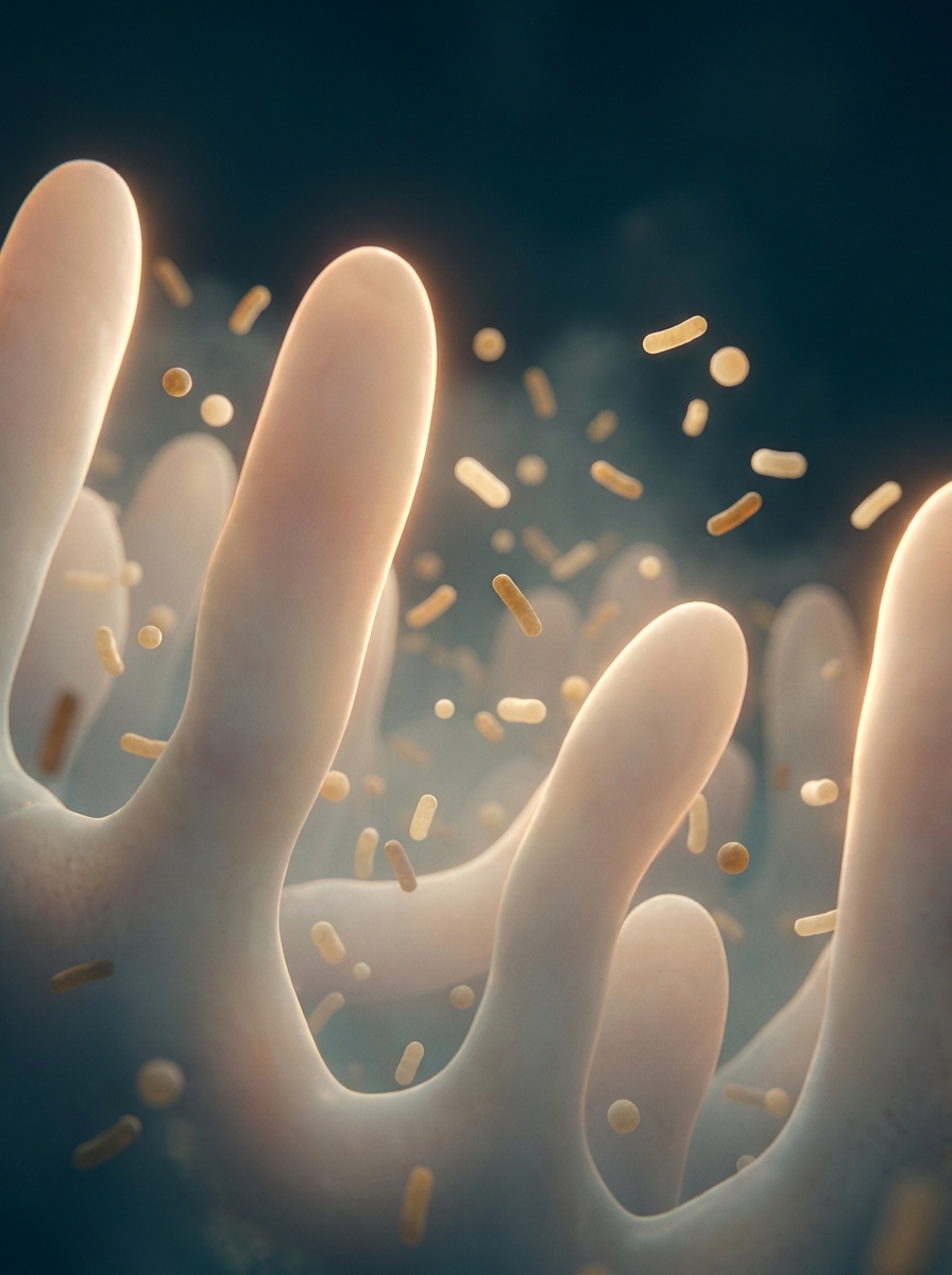 Vellosidades intestinales rodeadas de una suave nube de bacterias intestinales