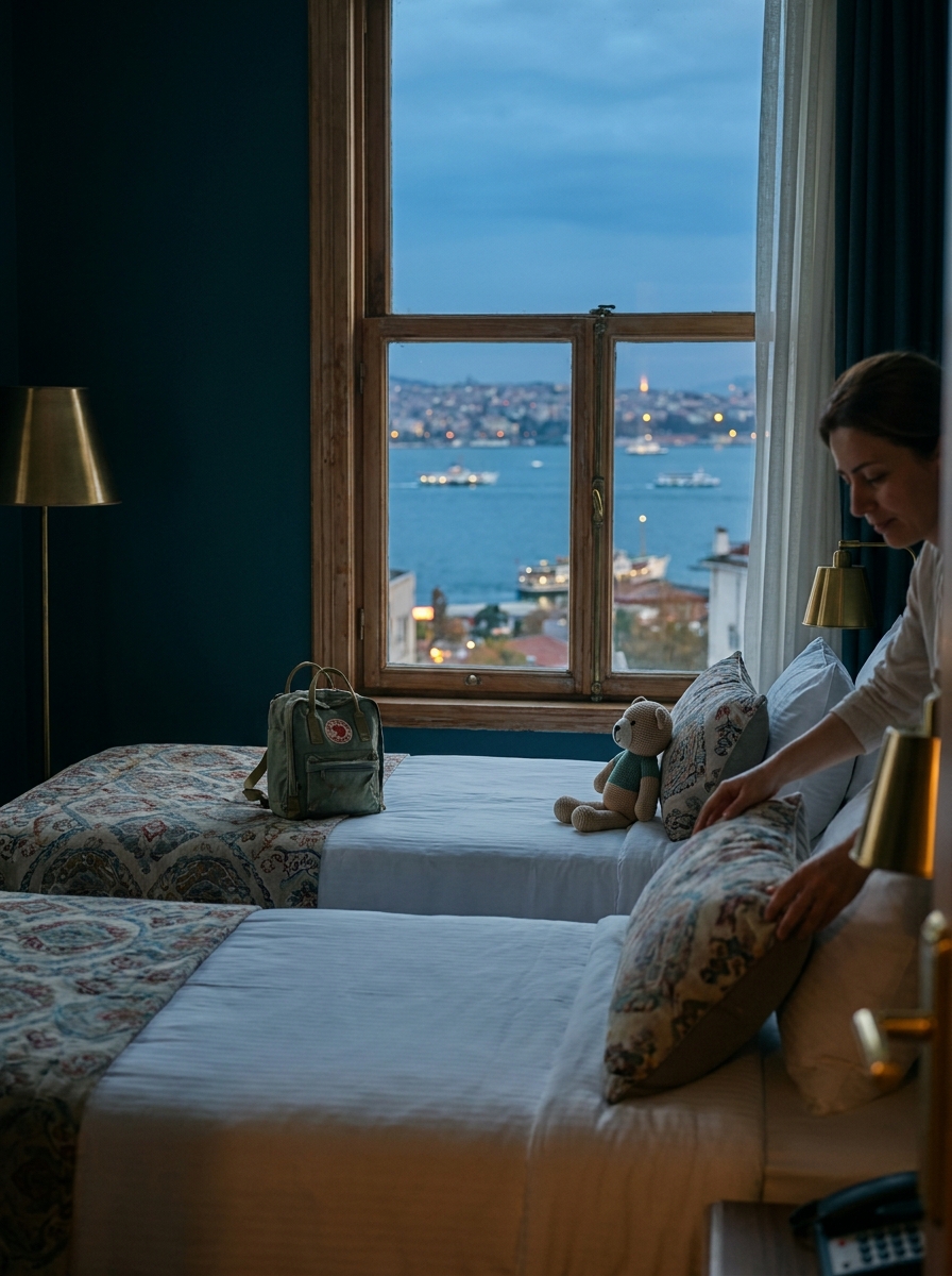 Una tranquila habitación de hotel familiar en Estambul con vistas al Bósforo al atardecer