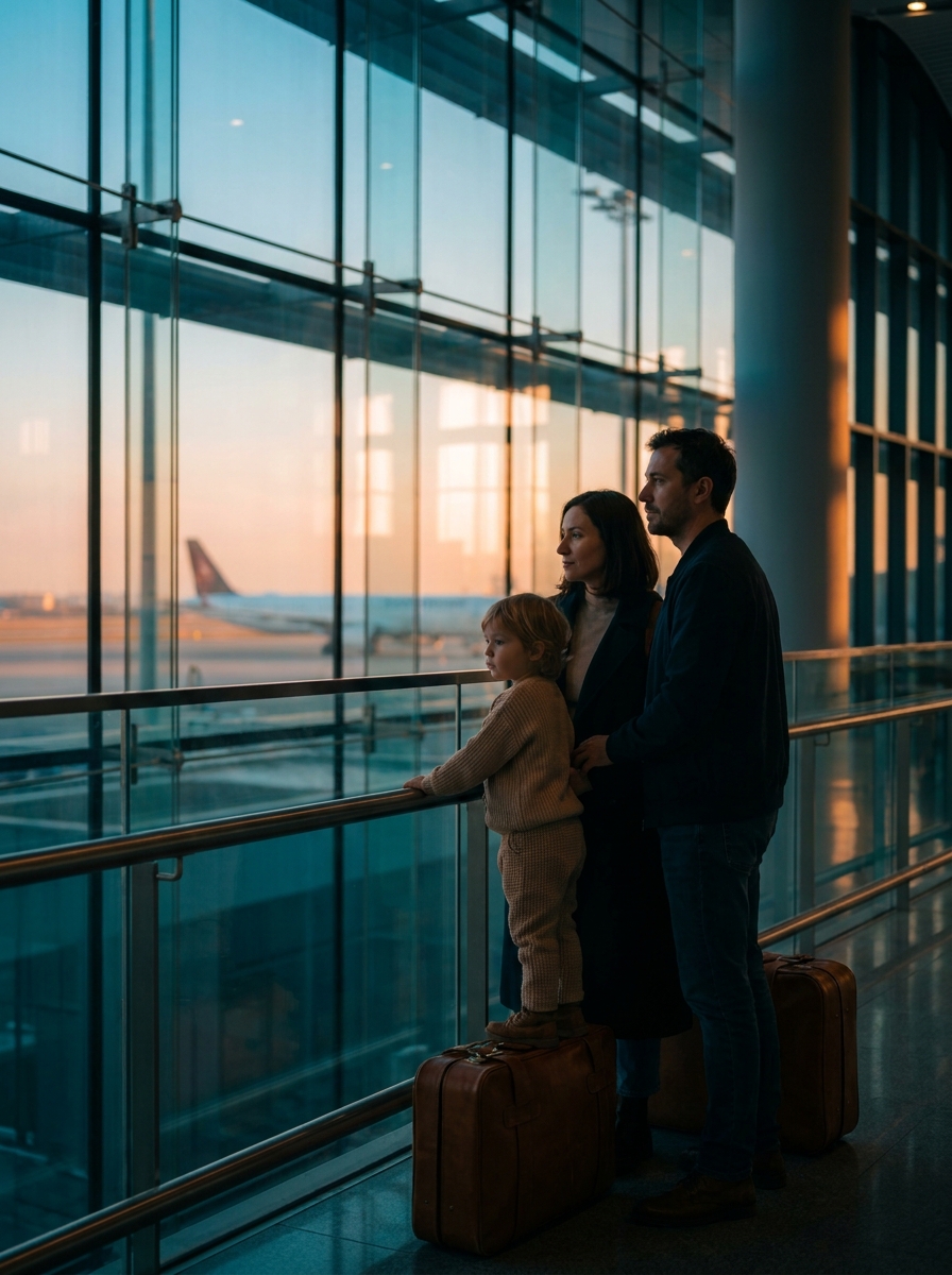 Una familia con un niño pequeño y maletas junto a las ventanas del aeropuerto de Estambul en la hora dorada