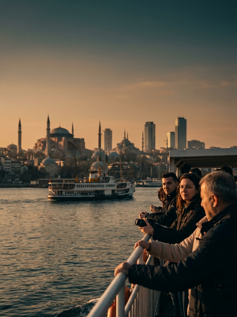 El horizonte de Estambul en la hora dorada sobre el Bósforo, con un ferri cruzando