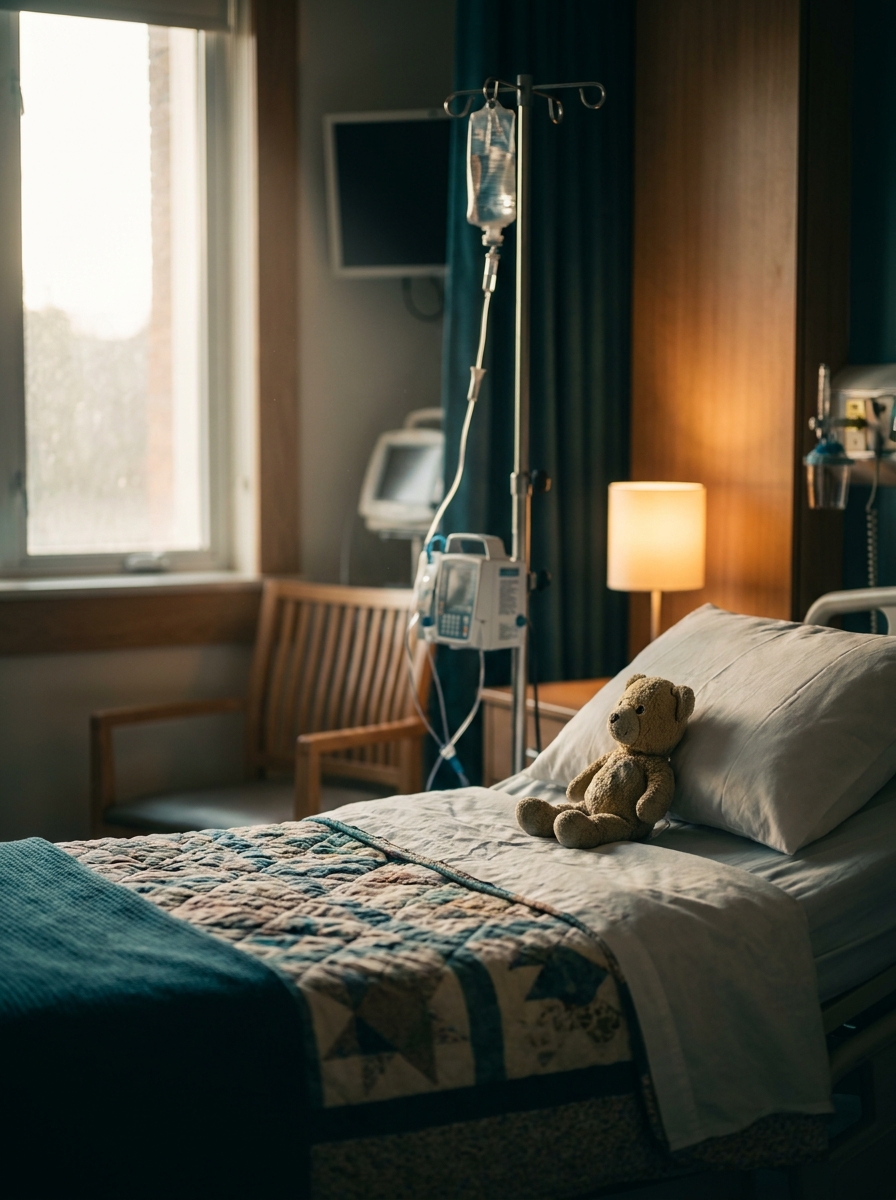 Una sala de tratamiento pediátrica tranquila, con una cama, un soporte de infusión y un peluche sobre la almohada
