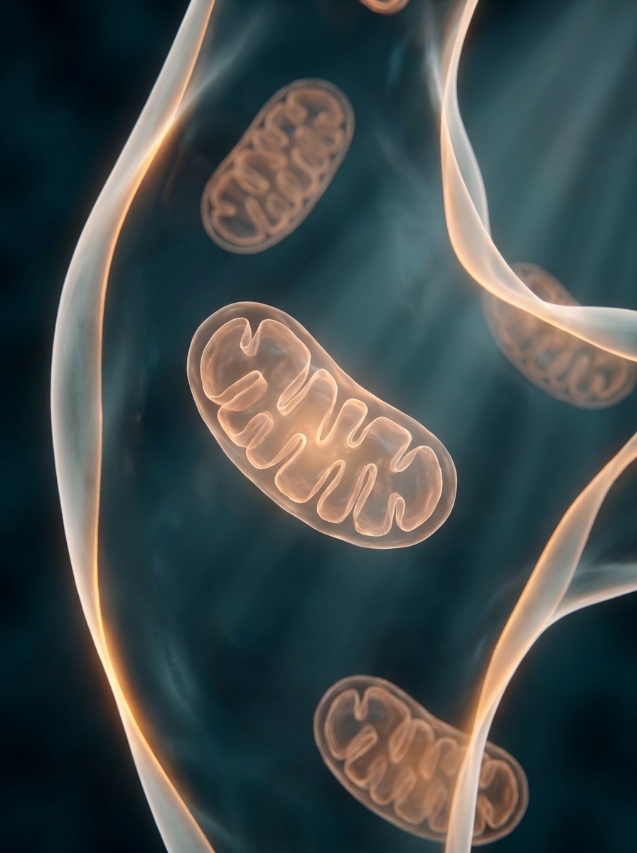 Mitocondrias con membranas internas plegadas que brillan suavemente en el citoplasma