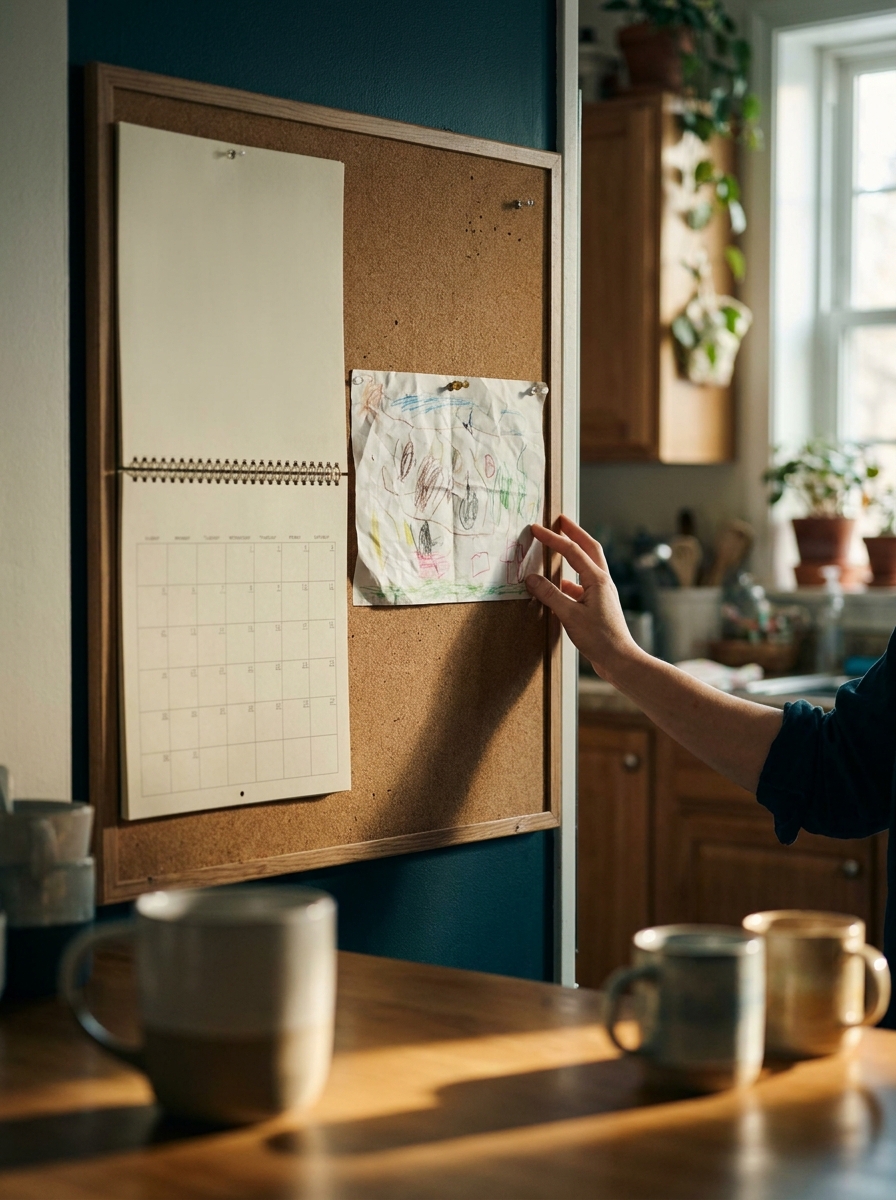 Un calendario de pared y el dibujo de un niño colgados uno junto al otro en una cocina soleada