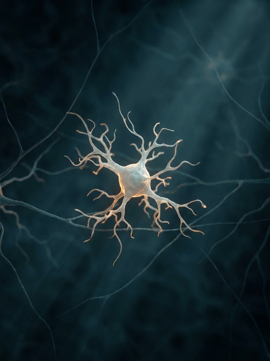 Una célula de microglía en reposo, con finas ramificaciones, entre las neuronas del tejido cerebral