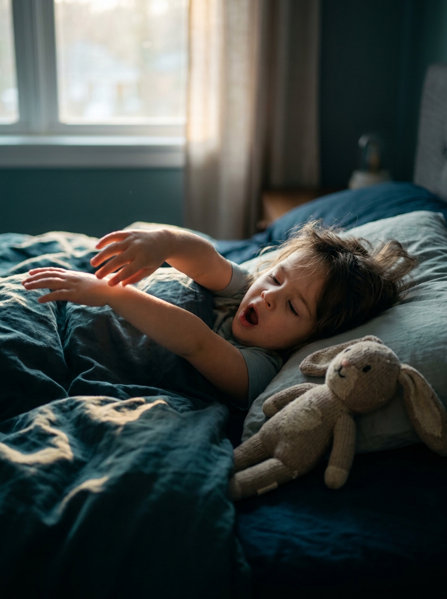 Un niño se despierta tranquilo con la suave luz de la mañana