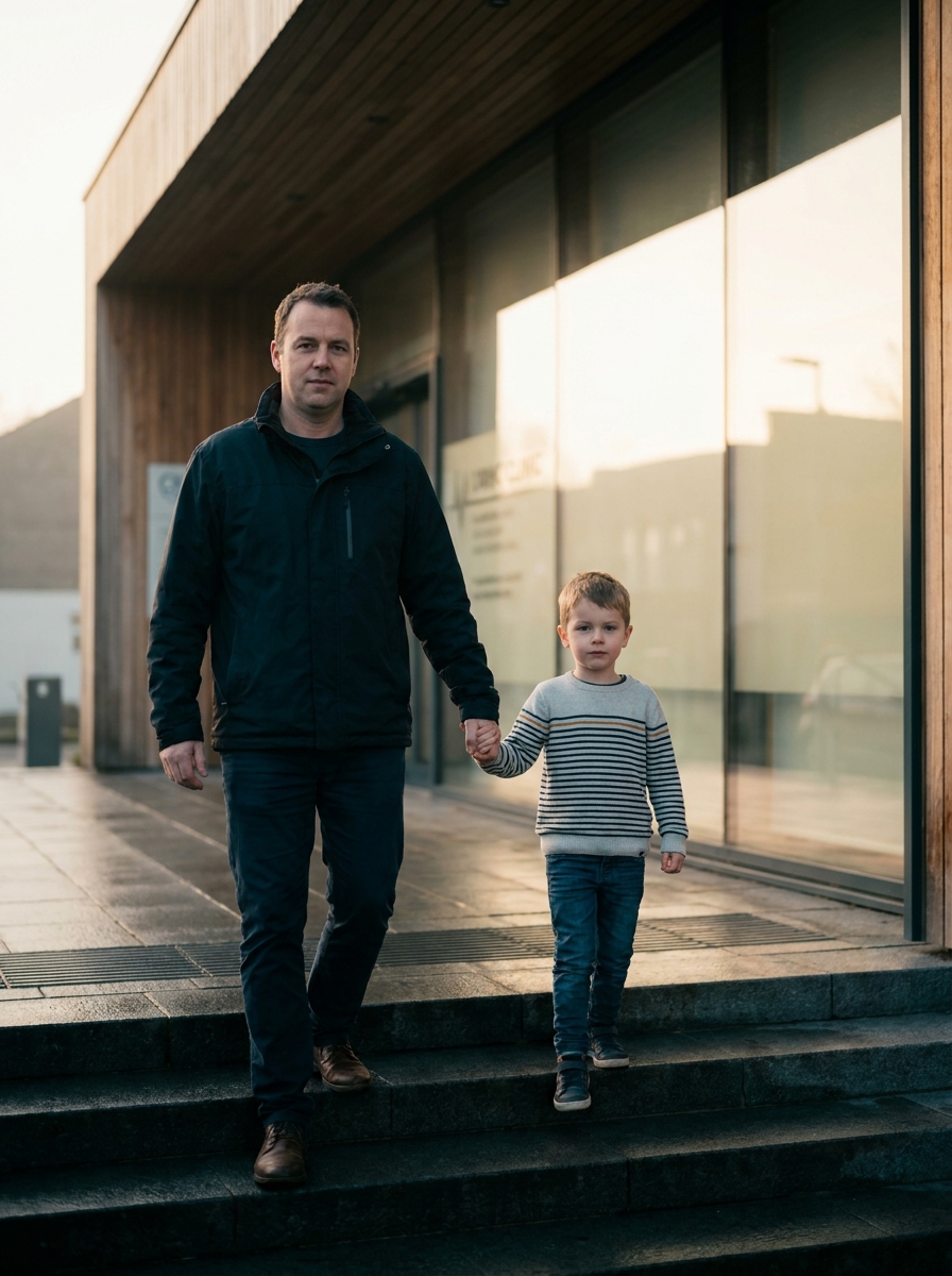 Un padre y su hijo suben los escalones de una clínica moderna
