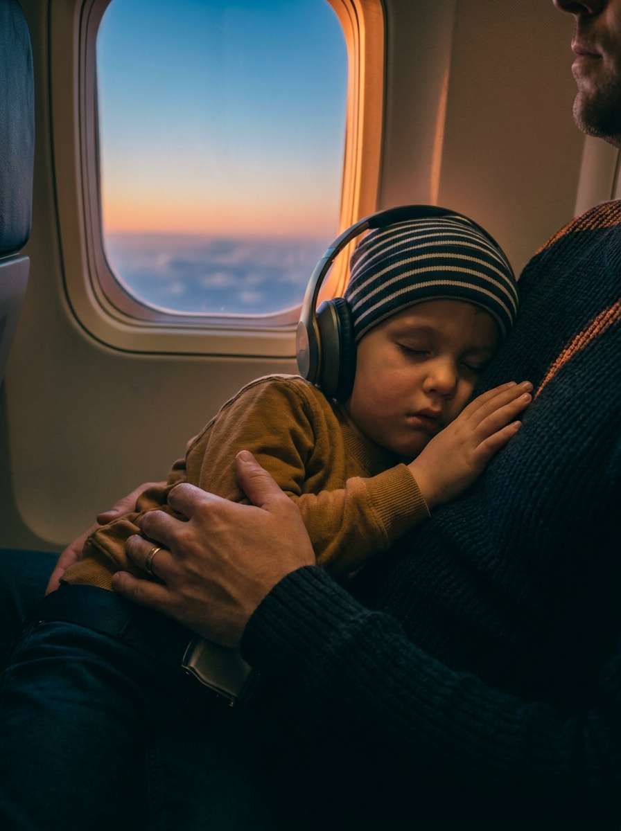 Un niño duerme sobre el hombro de su padre en un vuelo nocturno tranquilo