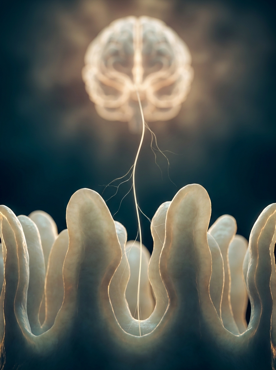 Vellosidades intestinales con una fina fibra nerviosa que asciende hacia un cerebro ligeramente desenfocado